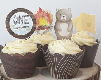 24 Stück Happy Camper Cupcake-Topper – Camping-Motiv Mit Zelt, Lagerfeuer, Auto | Für Wald-, Outdoor- & Holzfäller-Partys | Wiederverwendbare Papier-Deko