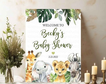 Cartello di benvenuto per baby shower a tema giungla, animali del safari (digitale o spedito)