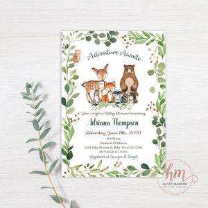 May include: A green and gold baby shower invitation with a woodland theme. The invitation features a deer, bear, fox, raccoon, and owl surrounded by greenery. The text reads "Adventure Awaits" and includes the name "Adriana Thompson", the date "Saturday June 8th, 2019", the time "at 3:00 pm", the location "Sandoval Clubhouse", the address "1234 Baby Shower St. Baby Town US 12345", the RSVP information "RSVP to Ka 123-355", and the registry information "Registered at Amazon & Target".