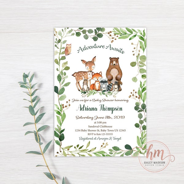 Woodland Baby Shower Invitation, Adventure Awaits woodland invitation, forest friends baby shower invitation, greenery woodland invitation