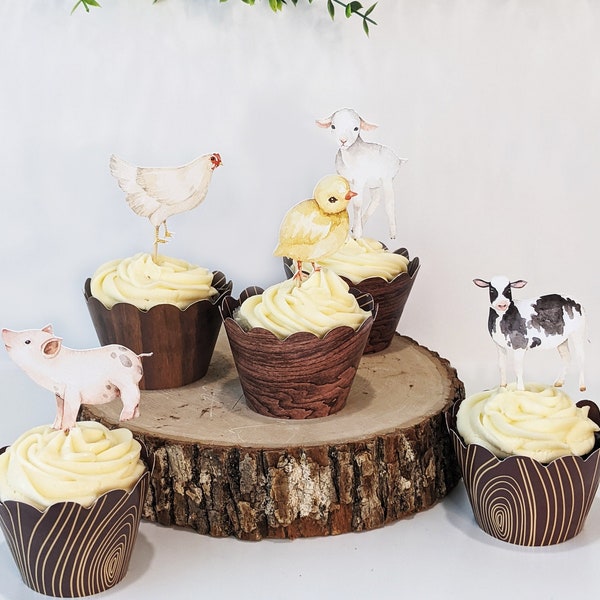 12 Farm Cupcake Toppers, Farm Animal Cupcake Toppers, Farm Baby Shower Gender Neutral, Farm Birthday Party decor HM596