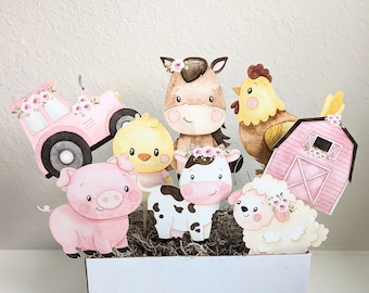 Set of 8 Farm Centerpieces, Barnyard animals, 4&quot; Farm animal cutouts, Floral Farm animals, Farm GenderNeutral Decoration, Cake toppers