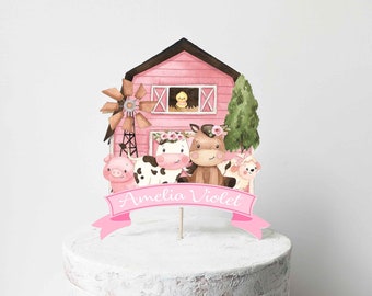Farm Cake Topper, Personalized Farm Birthday Party Cake Topper, Cute Farm Animals Birthday Cake Sign, Pink farm, Farm party decorations