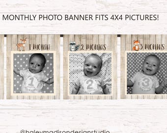 Woodland Photo banner, First year picture banner, Monthly photo banner, woodland birthday, Forest friends, baby's first year PRINTABLE FILE