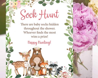 Pink Woodland Sock Hunt Game, Find baby Socks game sign, Floral Woodland Baby Shower Game Sign, Floral Woodland Baby Girl Decorations