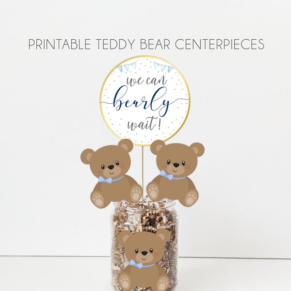 PRINTABLE Teddy Bear Centerpieces, Teddby Beary Baby Shower Decorations, Bearly Wait Printable bear center pieces, boy teddy bear sign HM887
