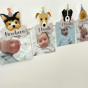 Puppy Pawty 12 month photo banner, Puppy First Birthday Photo Banner sign