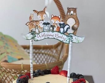 Woodland Cake Topper, Woodland Greenery Welcome Baby Cake Decoration, Woodland Animals toppers, Woodland Baby Shower Decorations