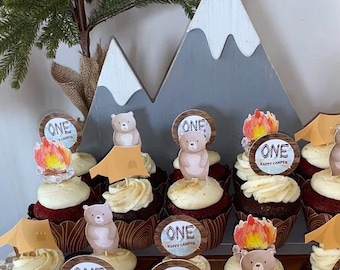 set of 12 Happy Camper Cupcake Toppers, Caming Cupcake Toppers, ONE Happy Camper First Birthday Party Decorations, Camping Birtday Toppers