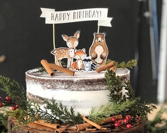 Décoration de gâteau d'anniversaire des bois, de gâteau joyeux anniversaire, décoration de fête des bois, de gâteau d'anniversaire des bois, décorations d'animaux des bois