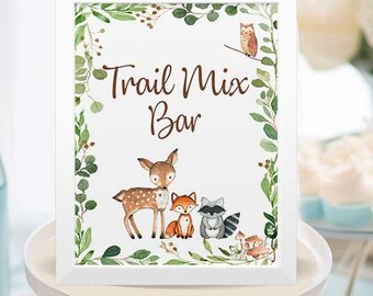 PRINTABLE Woodland Trail Mix Bar sign, Woodland Baby Shower sign, woodland Birthday Party sign, Woodland trail mix sign, woodland sign