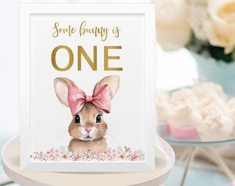 PRINTABLE Some Bunny is one sign 8x10", Pink Bow Bunny Theme party Table sign, Bunny First birthday table sign some bunny
