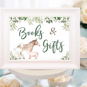 Farm Books & Gifts sign, Farm baby shower Gifts sign, Books and Gifts Farm baby shower sign, Farm animals greenery sign PRINTABLE HM596