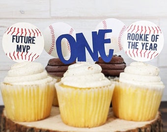 Baseball Cupcake Toppers, Set of 12 Baseball First Birthday Cupcake toppers, Rookie of the year baseball toppers, Baseball first birthday