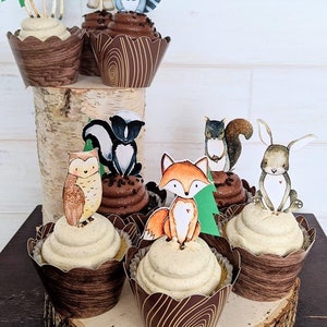 12 Woodland Cupcake Toppers, Woodland Animal Cupcake Toppers, Woodland Baby Shower, Woodland Birthday party decorations, woodland food picks