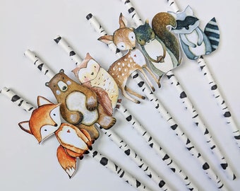 Woodland Animal Paper Straws, Baby Shower Decor, Set of 12