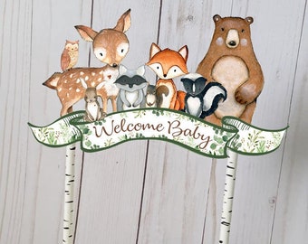 Woodland Cake Topper, Woodland Greenery Welcome Baby Cake Decoration, Woodland Animals toppers, Woodland Baby Shower Decorations