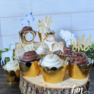 Juego de 12 adornos para cupcakes con temática de jungla, palillos de comida para baby shower de cumpleaños de safari