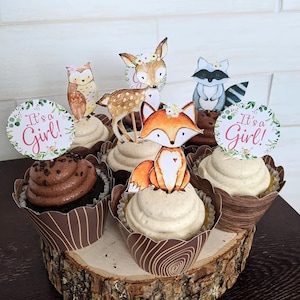 12 GIRL woodland cupcake toppers, Floral Woodland Cupcake toppers, Woodland Animal cupcake toppers, woodland baby shower, woodland toppers