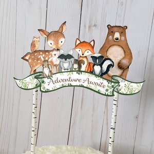 Woodland Cake Topper, Woodland Greenery Adventure Awaits Cake Decoration, Woodland Animals toppers, Woodland party baby shower Decorations