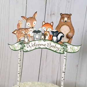 Woodland Cake Topper, Woodland Greenery Welcome Baby Cake Decoration, Woodland Animals toppers, Woodland Baby Shower Decorations