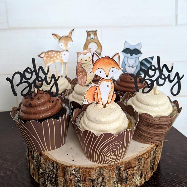 Set of 12 Woodland Cupcake toppers, Oh boy woodland cupcake toppers, woodland party decorations, woodland baby food decor woodland boy decor