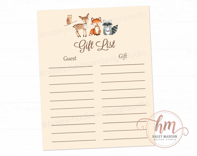 PRINTABLE FILE Woodland Baby Shower presents list Woodland Gift List printable file Woodland Birthday party present tracker