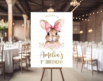 Panneau de bienvenue lapin, Some Bunny is one Birthday Party panneau de bienvenue, lapin noeud rose, panneau de bienvenue lapin ruban coquette