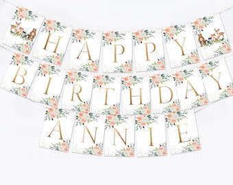 Woodland Happy Birthday Banner, woodland Birthday party Banner, Gold Floral Woodland Banner, Girl woodland Banner, Woodland party decoration