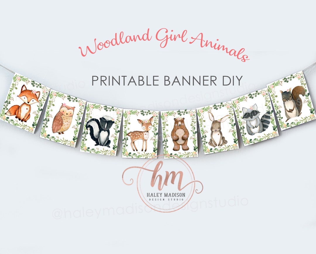 PRINTABLE Girl Woodland Animals Banner, Woodland Baby Shower Banner