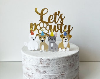 Puppy Birthday Party Cake Toppers, Lets Pawty Topper Gold, Puppy party Gold ONE Cake Topper, Cute Puppy bday TWO Cake Topper Pawty HM868