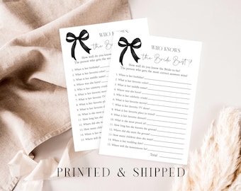 Black Bow Bridal Shower Who knows the Bride Best game size 5x7 cards PRINTED and SHIPPED