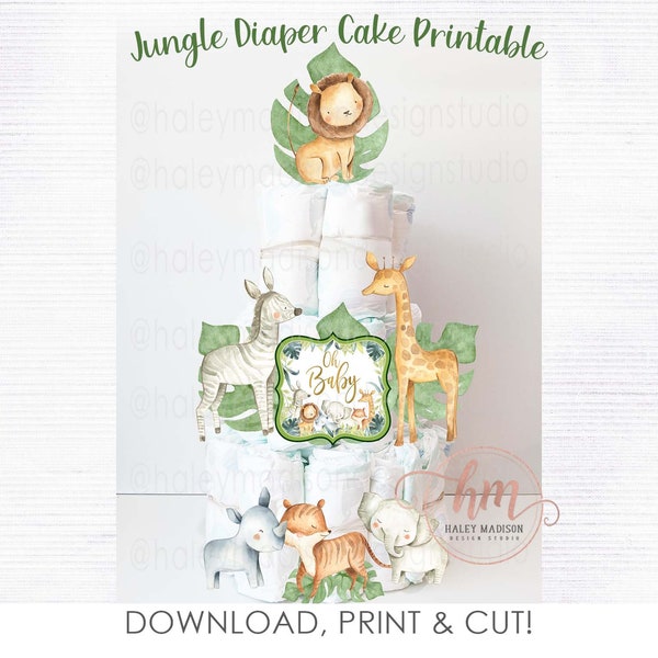 Gâteau de couche jungle IMPRIMABLE, gâteau de couche Jungle OH BABY, découpes Jungle Animals, Animaux de safari jungle, Décor de baby shower jungle HM952