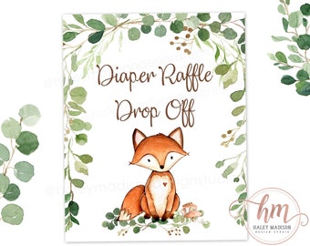 Woodland Diaper Raffle Drop off sign, woodland baby shower Diaper Raffle sign, Woodland greenery, gender neutral baby shower PRINTABLE FILE