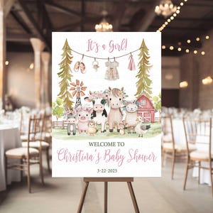 Placa de boas-vindas para animais de fazenda rosa Placa de boas-vindas para chá de bebê na fazenda Placa de boas-vindas para festa na fazenda floral Placa de boas-vindas para bebês Animais da fazenda Placa de boas-vindas para fazenda