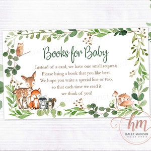 Woodland Book Request Cards, afdrukbare boekkaarten, babybibliotheekkaarten, boeken voor babykaarten, groen bos babyshower, babyboeken