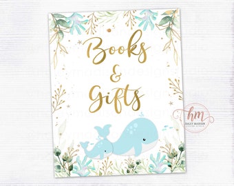 Whale Books & Gifts sign, Whale baby shower Gifts sign, Whale Books and Gifts baby shower sign, Under the Sea sign decor PRINTABLE HM239
