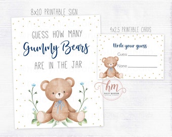 UTSKRIVBAR Gissa hur många gummibjörnar skylt, Bearly Wait babyshower-lek, Nallebjörn babyshower-lek skylt, gummibjörnar könsneutral HM887