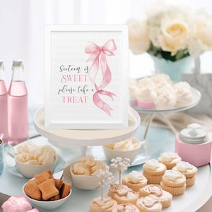 PRINTABLE Pink Bow Treats sign sign 8x10&quot;, Pink bow Sweet 16 Theme party Table sign, sixteen is sweet take a treat birthday party sign