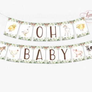 May include: A white banner with green foliage and pink flowers reads "Oh Baby" in brown letters. Each letter is on a separate flag. The flags are decorated with farm animals, including a donkey, a chicken, a goose, a goat, a pig, and a cow.