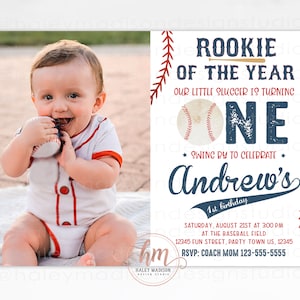 Rookie Year Baseball Invitation, Baseball first birthday Invitation, baseball invite, little slugger invitation, Rookie of the Year Invite