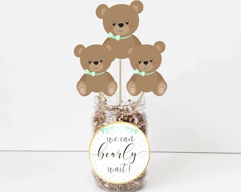 PRINTABLE Teddy Bear Centerpieces, Teddy Bear Baby Shower, Bearly Wait Printable bear center pieces, gender neutral teddy bear sign