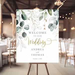Cartello di benvenuto per matrimonio, cartello di benvenuto personalizzato per matrimonio, cartello di benvenuto per matrimonio in eucalipto verde dorato, cartello di benvenuto per matrimonio personalizzato