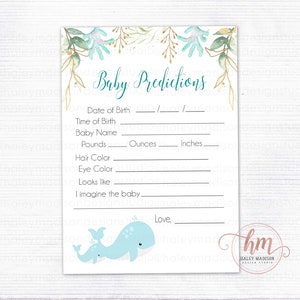Prédictions imprimables de baby shower de baleine, jeu de baby shower sous la mer, thème de baby shower de baleine neutre, cartes de bébé de baleine HM239