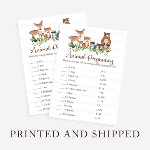 Woodland Animal Gestation Game, Woodland Animal Pregnancy Game, Woodland Baby Shower Game, woodland game gender neutral PRINTED and SHIPPED