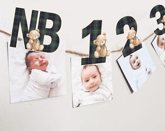 May include: A baby photo banner with the letters "NB" and numbers "1, 2, 3" in a green and black plaid pattern. Each letter and number has a small teddy bear attached. Photos of babies are clipped to the banner.