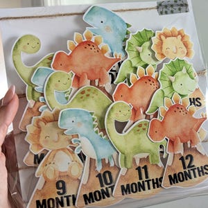 May include: A set of 12 colorful dinosaur-themed monthly milestone cards. Each card features a different dinosaur illustration and the number of months, from 1 to 12. The cards are strung together with twine.