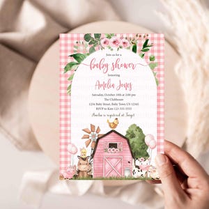Pink Farm Baby Shower Invitation, Farm Girl Baby Shower Invitation, Farm animals baby shower, Farm greenery invitation, farm invite HM596