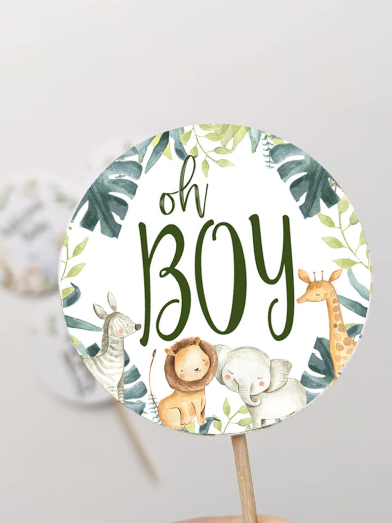 May include: A round, white cupcake topper with green foliage and animal illustrations. The topper features the text "oh boy" in green lettering. The animals include a zebra, lion, elephant, and giraffe.
