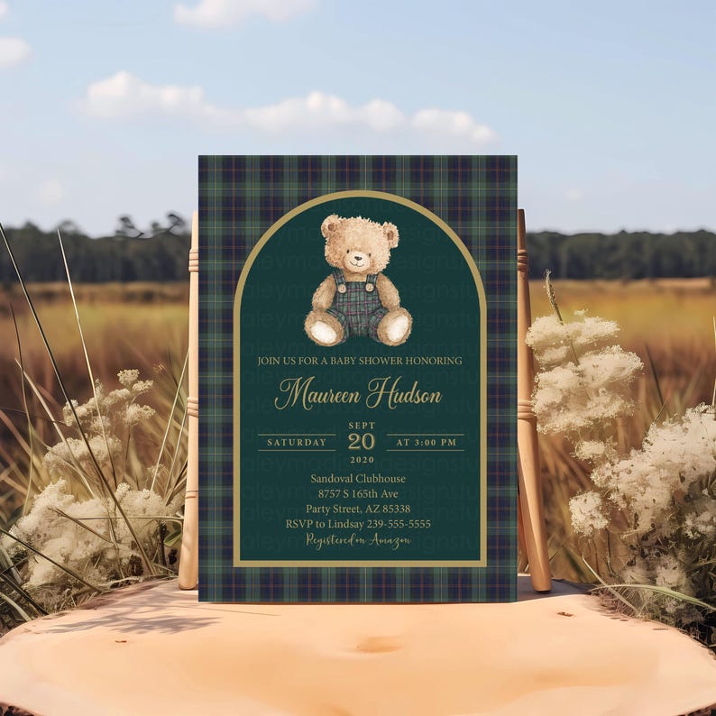 May include: Baby shower invitation featuring a watercolor teddy bear in overalls. The invitation has a green and navy plaid border and includes the text "Join us for a baby shower honoring Maureen Hudson". The date is September 20, 2020.